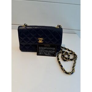 Chanel Vintage Mini Full Flap Navy Blue Lambskin Gold Hardware Chain Bag 1015542